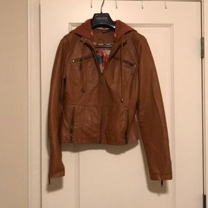 Brown Vegan Leather Jacket with removable hood